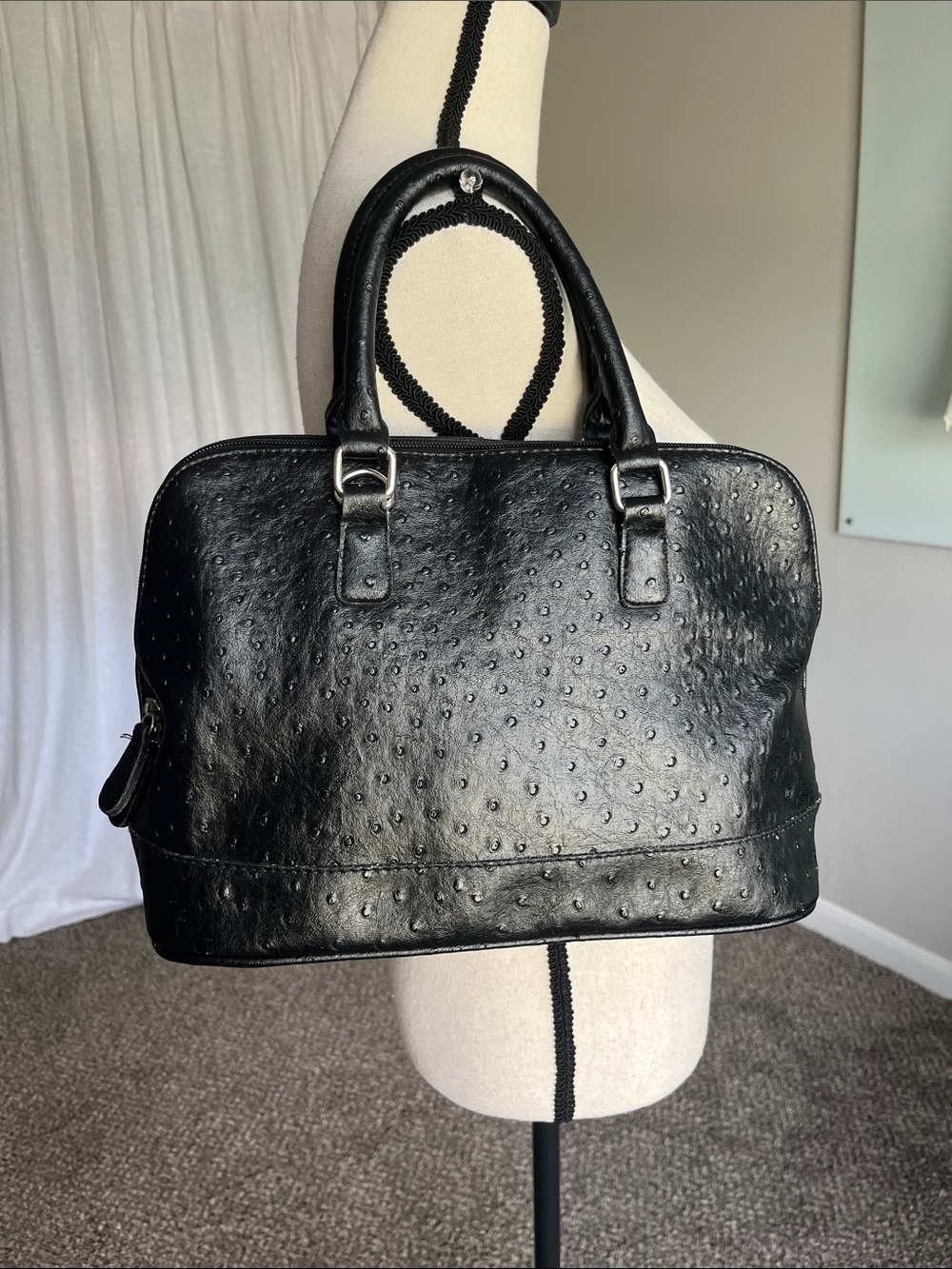 Bueno Black Faux Ostrich Embossed Handbag Silver Hardware Bag Tote Purse